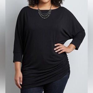 NWT Kim & Cami Black Long Sleeve Top with Ruched Side Boat Neck 1X